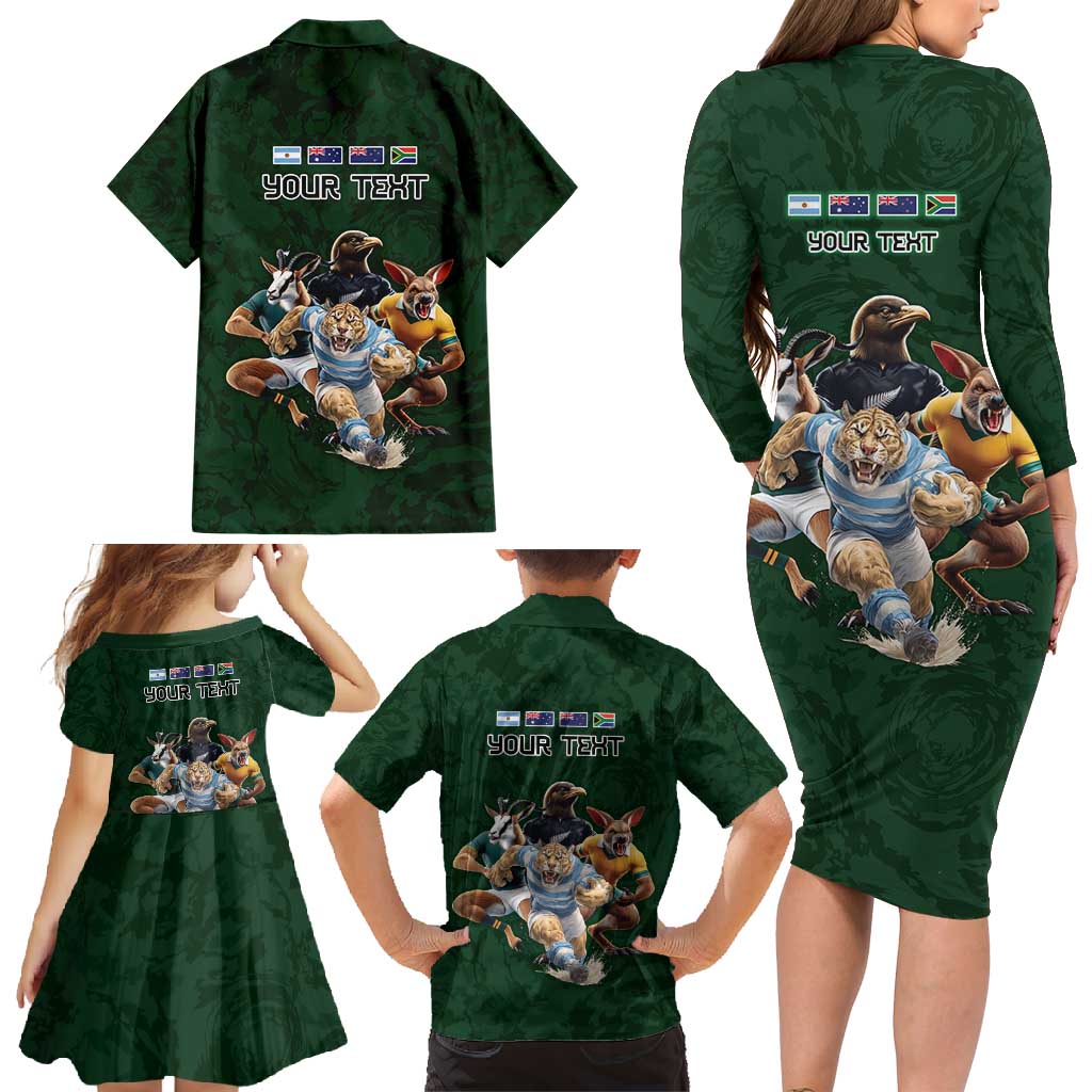 Custom Rugby Southern Hemisphere Family Matching Long Sleeve Bodycon Dress and Hawaiian Shirt Argentina AUNZ South Africa Mascot Green - Wonder Print Shop