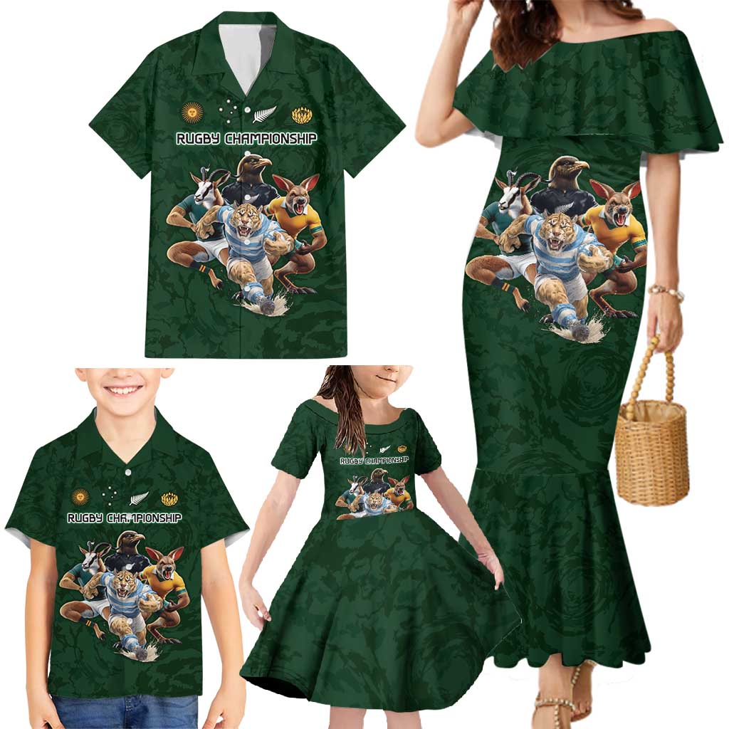 Custom Rugby Southern Hemisphere Family Matching Mermaid Dress and Hawaiian Shirt Argentina AUNZ South Africa Mascot Green - Wonder Print Shop
