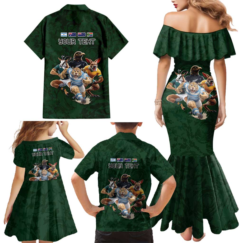 Custom Rugby Southern Hemisphere Family Matching Mermaid Dress and Hawaiian Shirt Argentina AUNZ South Africa Mascot Green - Wonder Print Shop