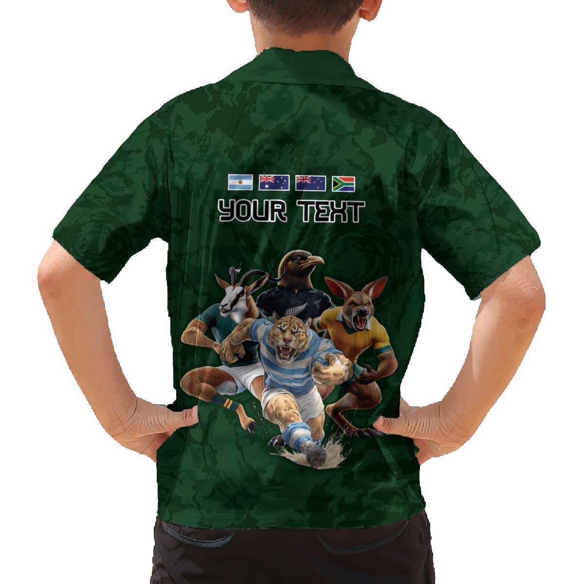 Custom Rugby Southern Hemisphere Family Matching Off The Shoulder Long Sleeve Dress and Hawaiian Shirt Argentina AUNZ South Africa Mascot Green - Wonder Print Shop