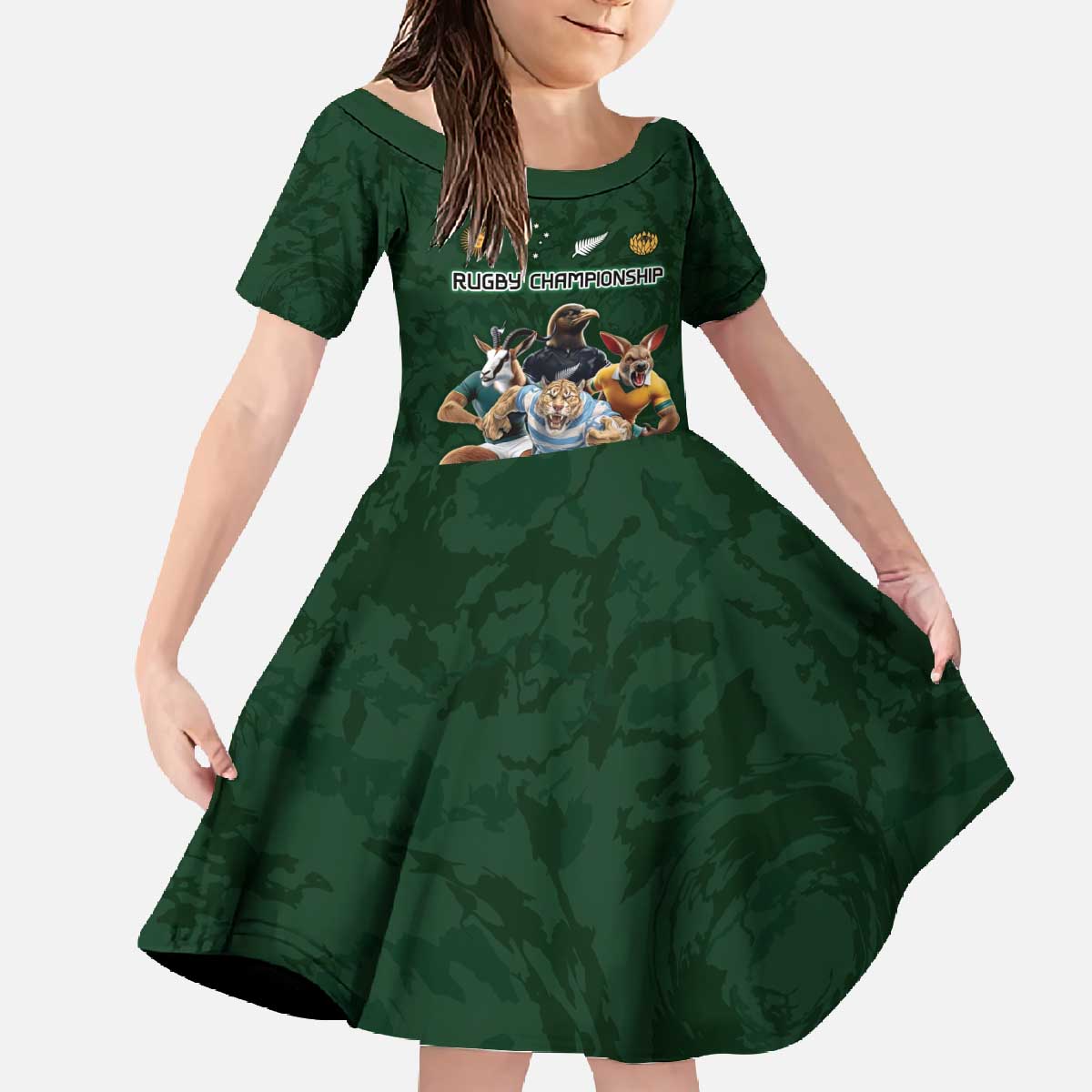 Custom Rugby Southern Hemisphere Family Matching Off The Shoulder Long Sleeve Dress and Hawaiian Shirt Argentina AUNZ South Africa Mascot Green - Wonder Print Shop