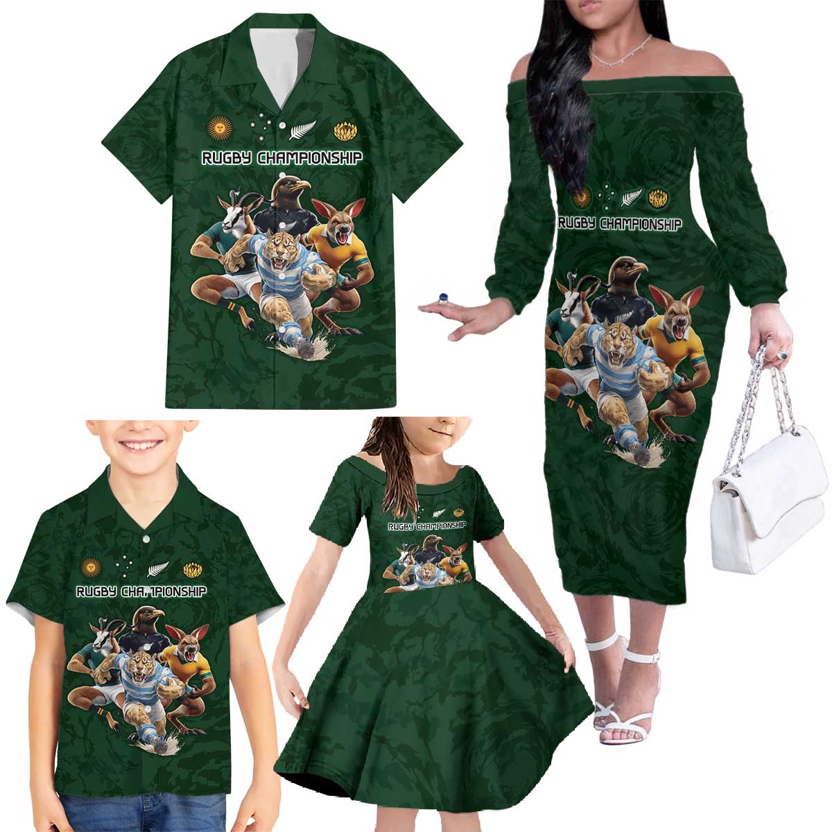 Custom Rugby Southern Hemisphere Family Matching Off The Shoulder Long Sleeve Dress and Hawaiian Shirt Argentina AUNZ South Africa Mascot Green - Wonder Print Shop