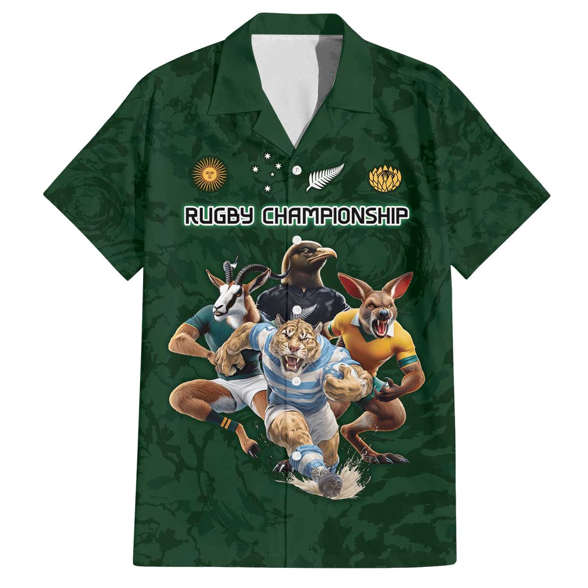 Custom Rugby Southern Hemisphere Family Matching Off The Shoulder Long Sleeve Dress and Hawaiian Shirt Argentina AUNZ South Africa Mascot Green - Wonder Print Shop