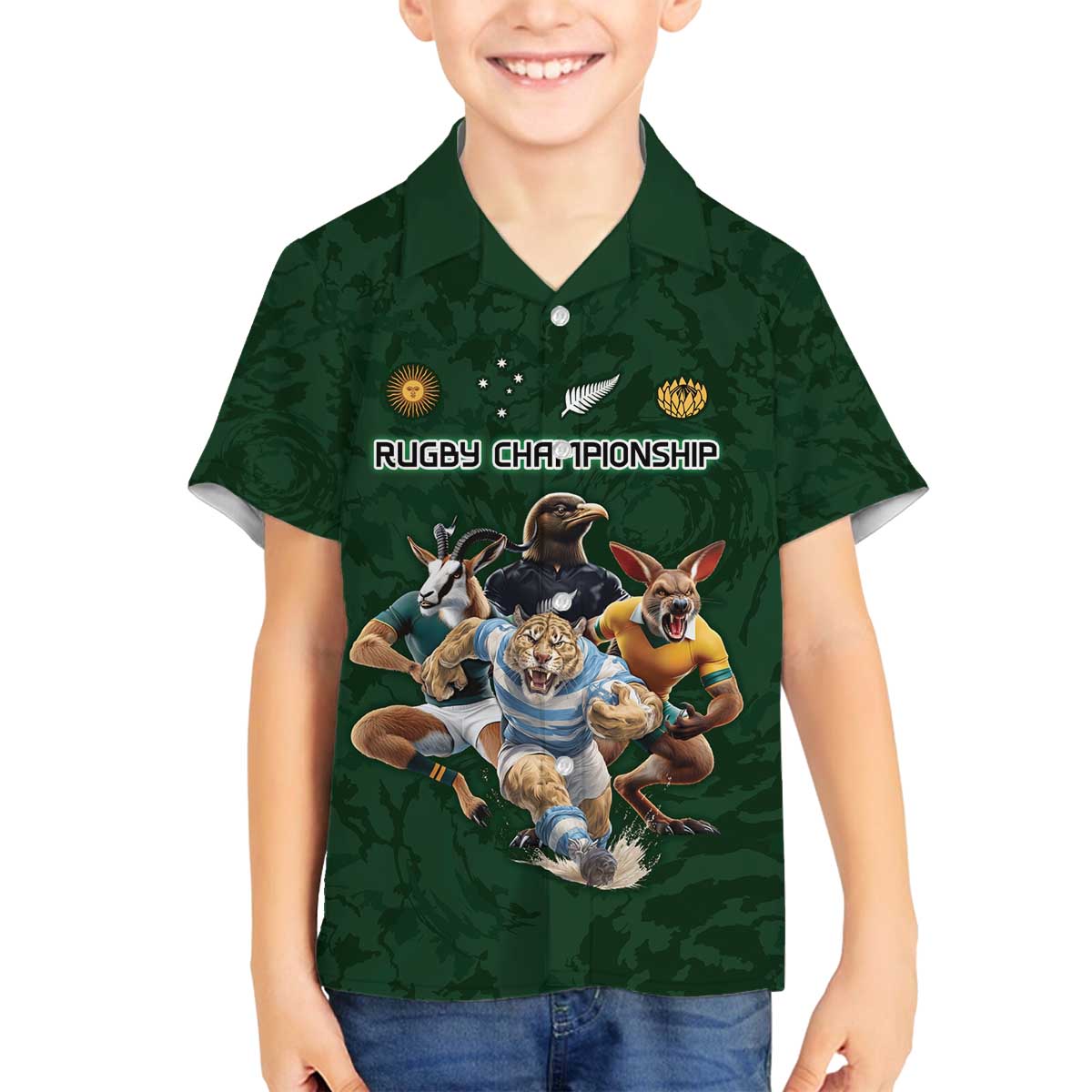 Custom Rugby Southern Hemisphere Family Matching Off The Shoulder Long Sleeve Dress and Hawaiian Shirt Argentina AUNZ South Africa Mascot Green - Wonder Print Shop