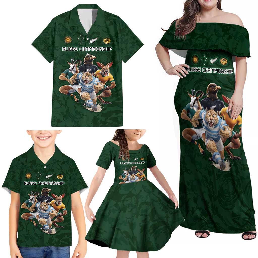 Custom Rugby Southern Hemisphere Family Matching Off Shoulder Maxi Dress and Hawaiian Shirt Argentina AUNZ South Africa Mascot Green - Wonder Print Shop