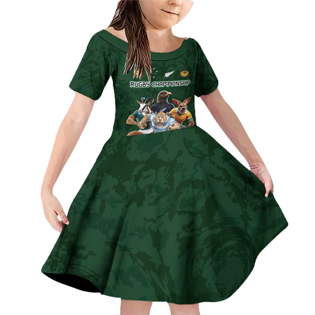 Custom Rugby Southern Hemisphere Family Matching Off Shoulder Short Dress and Hawaiian Shirt Argentina AUNZ South Africa Mascot Green - Wonder Print Shop