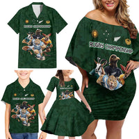 Custom Rugby Southern Hemisphere Family Matching Off Shoulder Short Dress and Hawaiian Shirt Argentina AUNZ South Africa Mascot Green - Wonder Print Shop