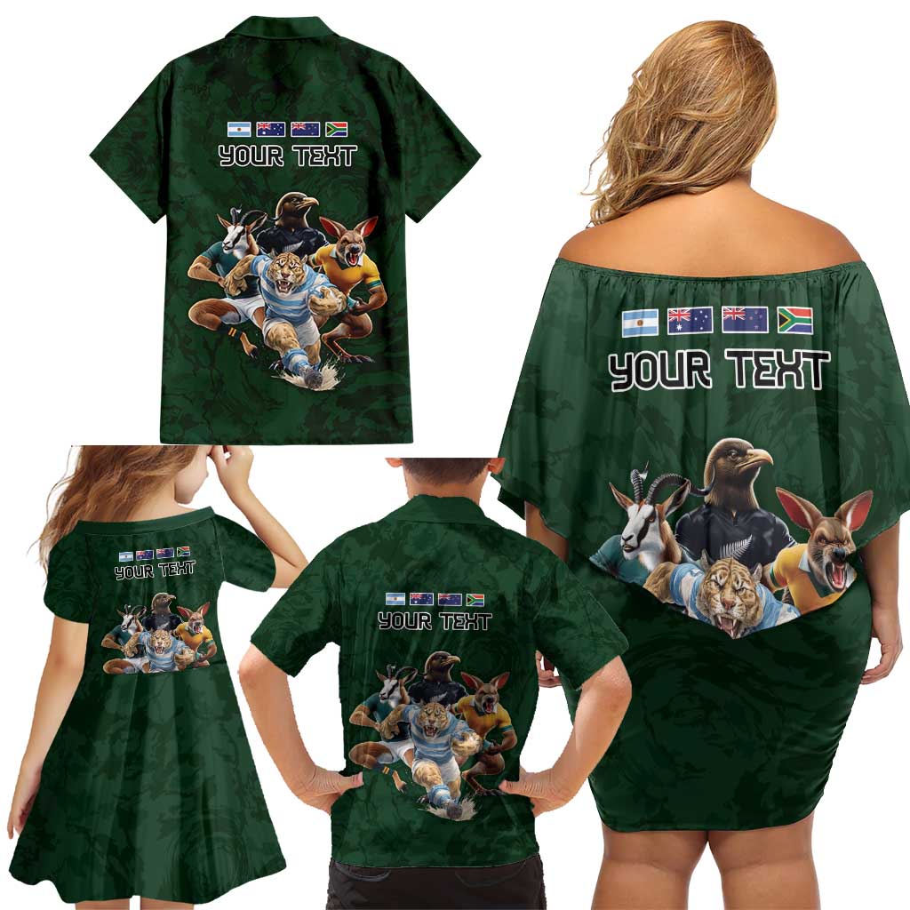 Custom Rugby Southern Hemisphere Family Matching Off Shoulder Short Dress and Hawaiian Shirt Argentina AUNZ South Africa Mascot Green - Wonder Print Shop