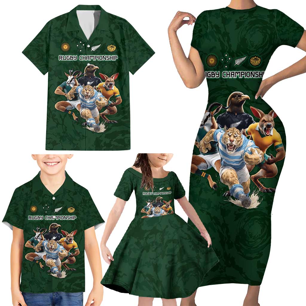 Custom Rugby Southern Hemisphere Family Matching Short Sleeve Bodycon Dress and Hawaiian Shirt Argentina AUNZ South Africa Mascot Green - Wonder Print Shop