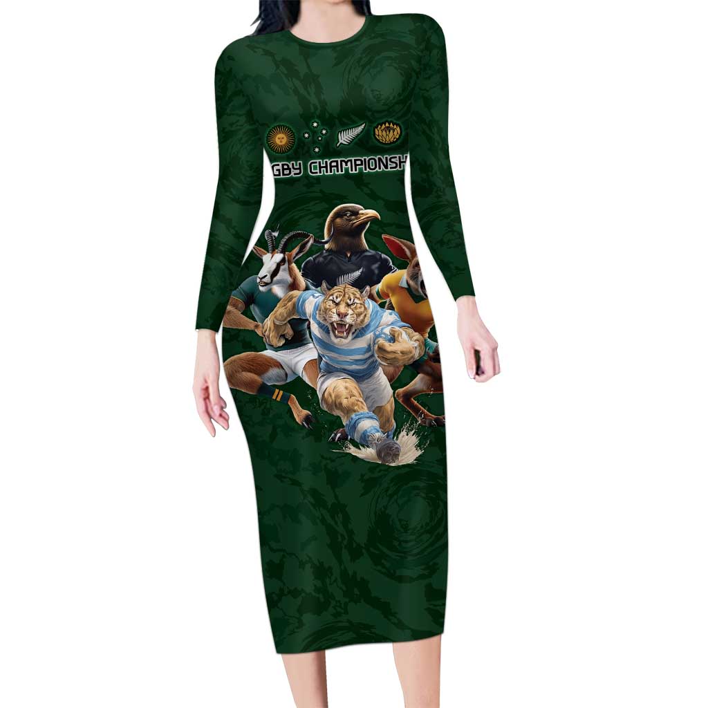 Custom Rugby Southern Hemisphere Long Sleeve Bodycon Dress Argentina AUNZ South Africa Mascot Green - Wonder Print Shop