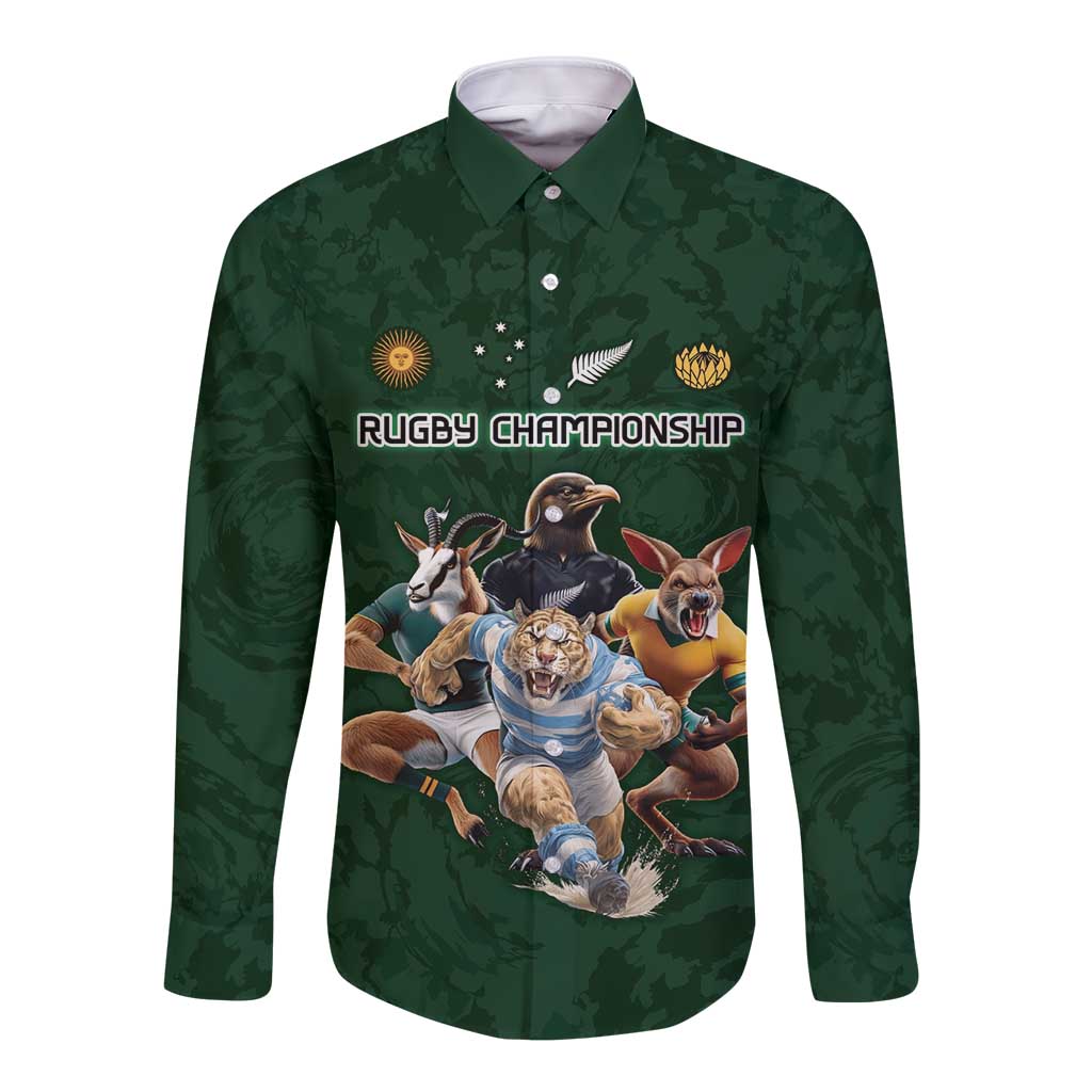 Custom Rugby Southern Hemisphere Long Sleeve Button Shirt Argentina AUNZ South Africa Mascot Green - Wonder Print Shop