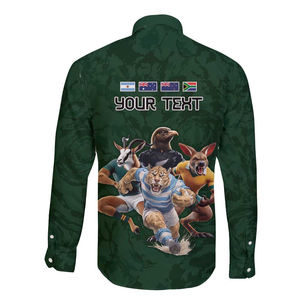 Custom Rugby Southern Hemisphere Long Sleeve Button Shirt Argentina AUNZ South Africa Mascot Green - Wonder Print Shop