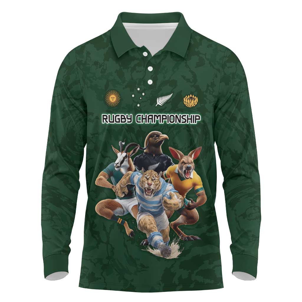 Custom Rugby Southern Hemisphere Long Sleeve Polo Shirt Argentina AUNZ South Africa Mascot Green - Wonder Print Shop