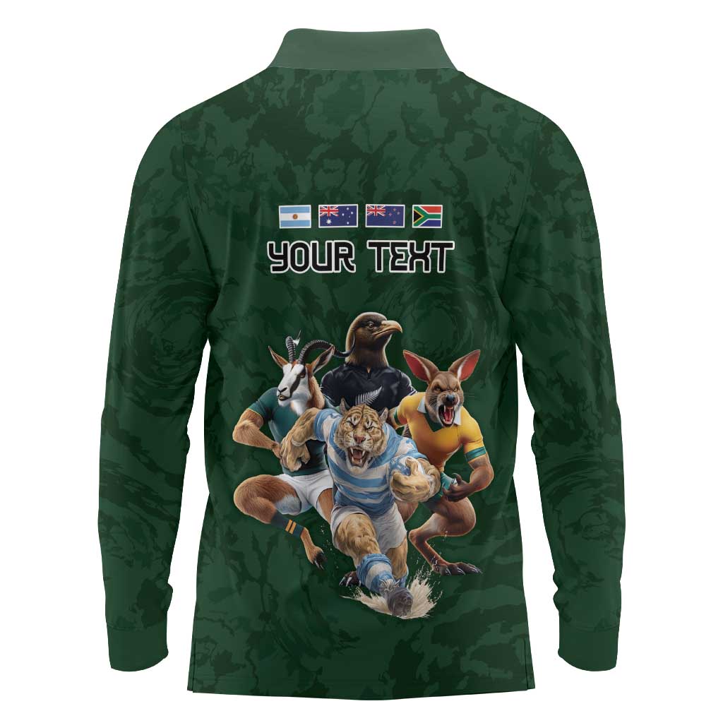 Custom Rugby Southern Hemisphere Long Sleeve Polo Shirt Argentina AUNZ South Africa Mascot Green - Wonder Print Shop