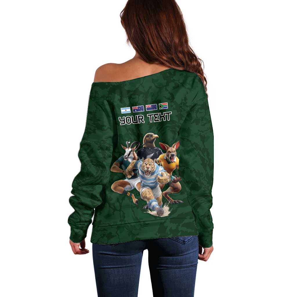 Custom Rugby Southern Hemisphere Off Shoulder Sweater Argentina AUNZ South Africa Mascot Green - Wonder Print Shop