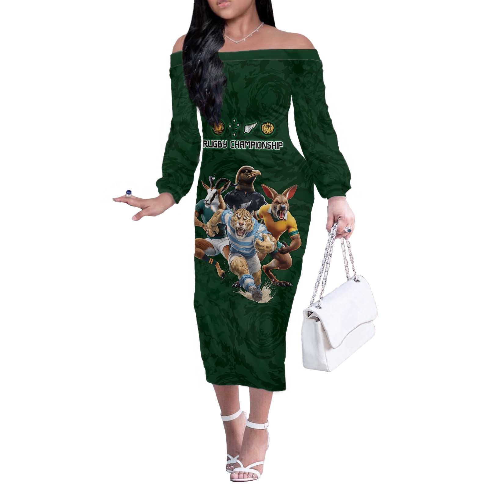 Custom Rugby Southern Hemisphere Off The Shoulder Long Sleeve Dress Argentina AUNZ South Africa Mascot Green - Wonder Print Shop