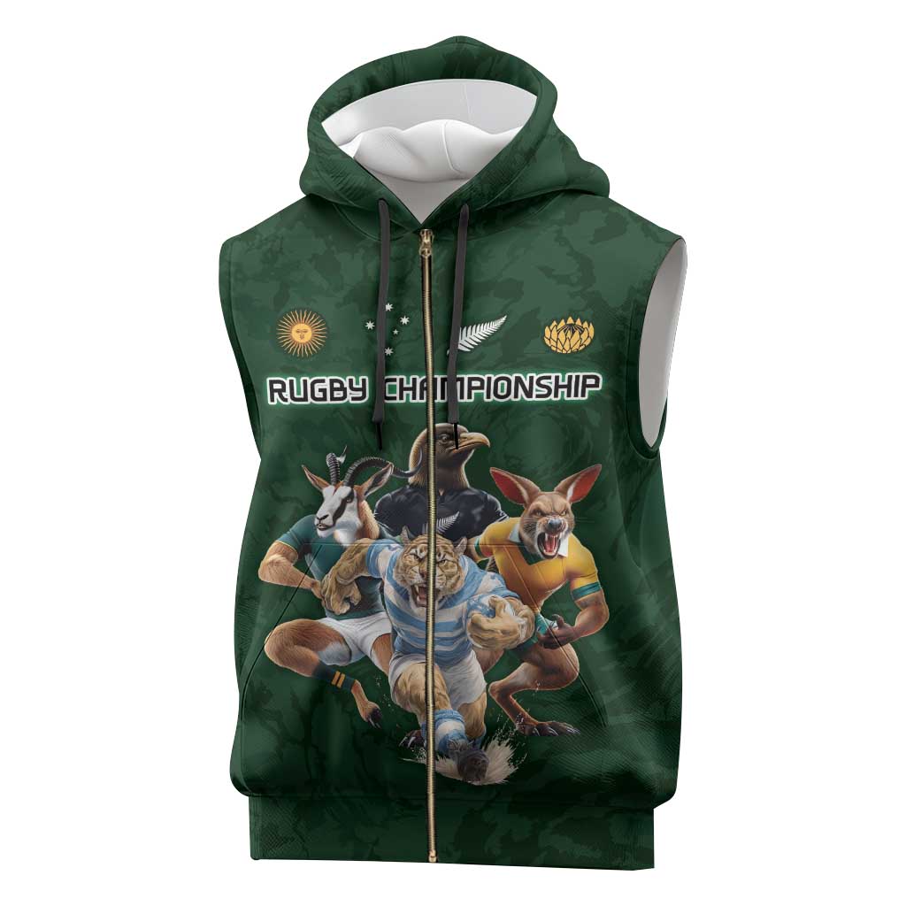 Custom Rugby Southern Hemisphere Sleeveless Zip Hoodie Argentina AUNZ South Africa Mascot Green - Wonder Print Shop