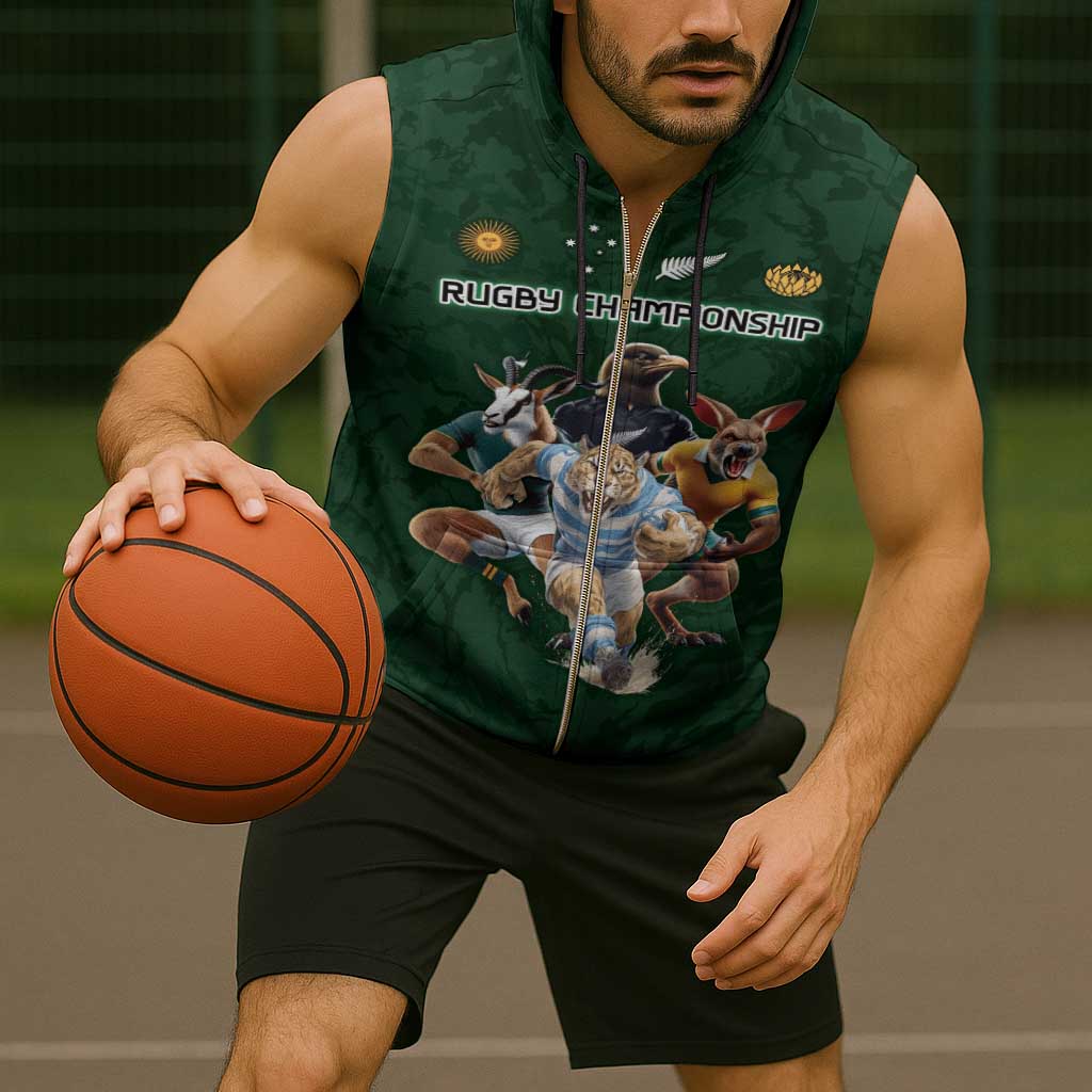 Custom Rugby Southern Hemisphere Sleeveless Zip Hoodie Argentina AUNZ South Africa Mascot Green - Wonder Print Shop