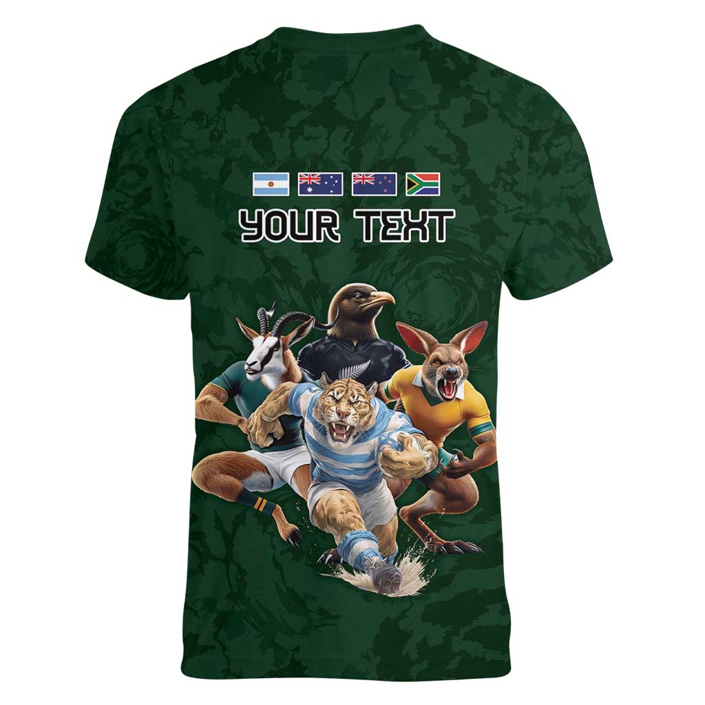 Custom Rugby Southern Hemisphere Women V-Neck T-Shirt Argentina AUNZ South Africa Mascot Green - Wonder Print Shop