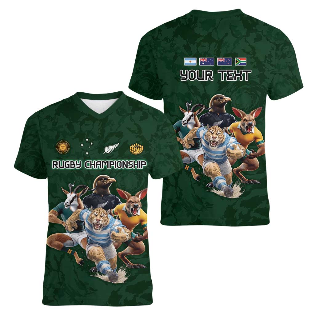 Custom Rugby Southern Hemisphere Women V-Neck T-Shirt Argentina AUNZ South Africa Mascot Green - Wonder Print Shop