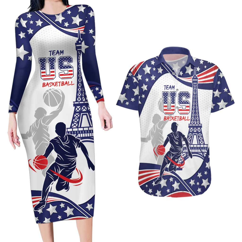 Personalized USA Basketball Couples Matching Long Sleeve Bodycon Dress and Hawaiian Shirt One For All Summer Sport LT9 - Wonder Print Shop