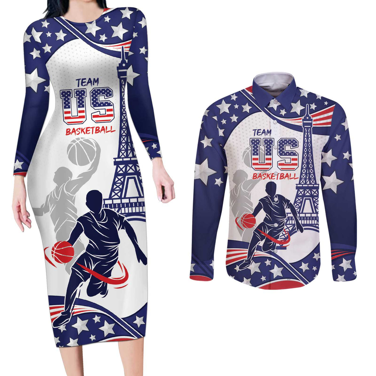 Personalized USA Basketball Couples Matching Long Sleeve Bodycon Dress and Long Sleeve Button Shirt One For All Summer Sport LT9 - Wonder Print Shop