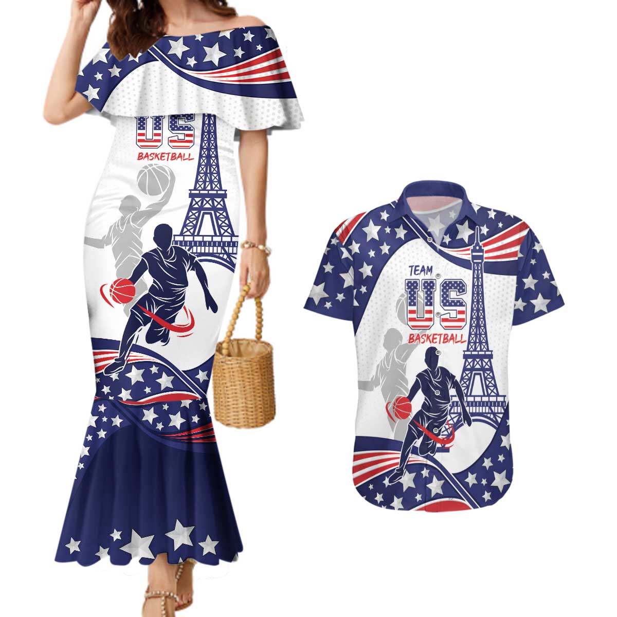 Personalized USA Basketball Couples Matching Mermaid Dress and Hawaiian Shirt One For All Summer Sport LT9 - Wonder Print Shop