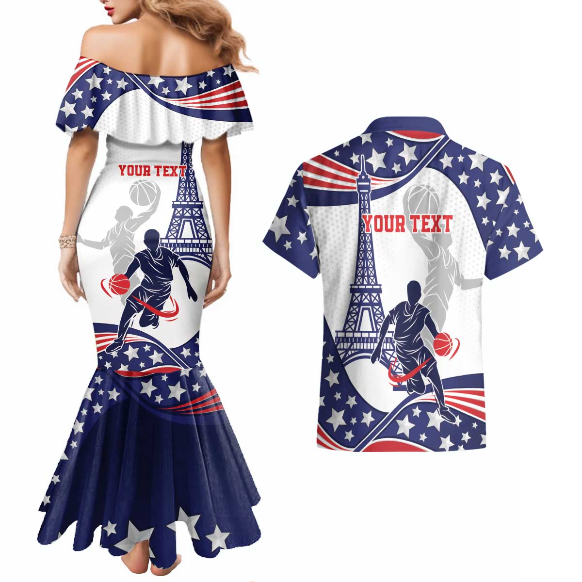 Personalized USA Basketball Couples Matching Mermaid Dress and Hawaiian Shirt One For All Summer Sport LT9 - Wonder Print Shop