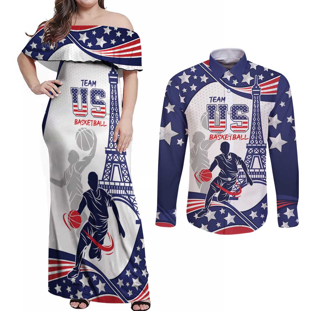 Personalized USA Basketball Couples Matching Off Shoulder Maxi Dress and Long Sleeve Button Shirt One For All Summer Sport LT9 - Wonder Print Shop