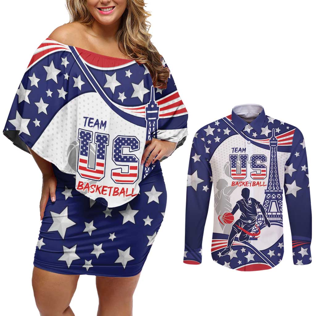 Personalized USA Basketball Couples Matching Off Shoulder Short Dress and Long Sleeve Button Shirt One For All Summer Sport LT9 - Wonder Print Shop