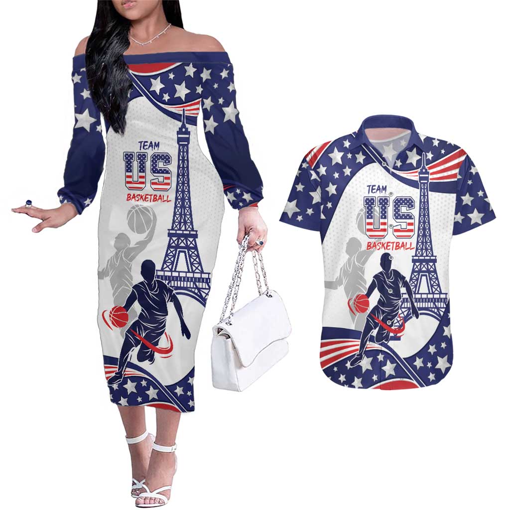Personalized USA Basketball Couples Matching Off The Shoulder Long Sleeve Dress and Hawaiian Shirt One For All Summer Sport LT9 - Wonder Print Shop