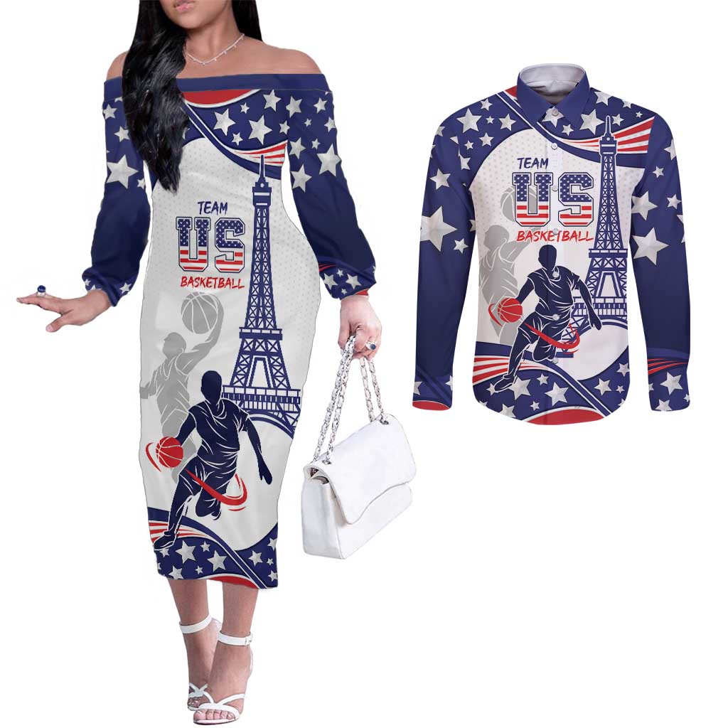 Personalized USA Basketball Couples Matching Off The Shoulder Long Sleeve Dress and Long Sleeve Button Shirt One For All Summer Sport