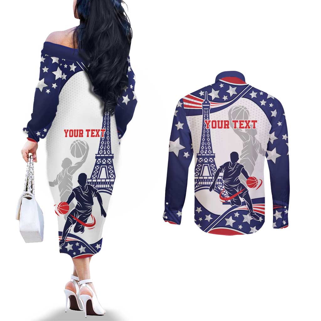 Personalized USA Basketball Couples Matching Off The Shoulder Long Sleeve Dress and Long Sleeve Button Shirt One For All Summer Sport