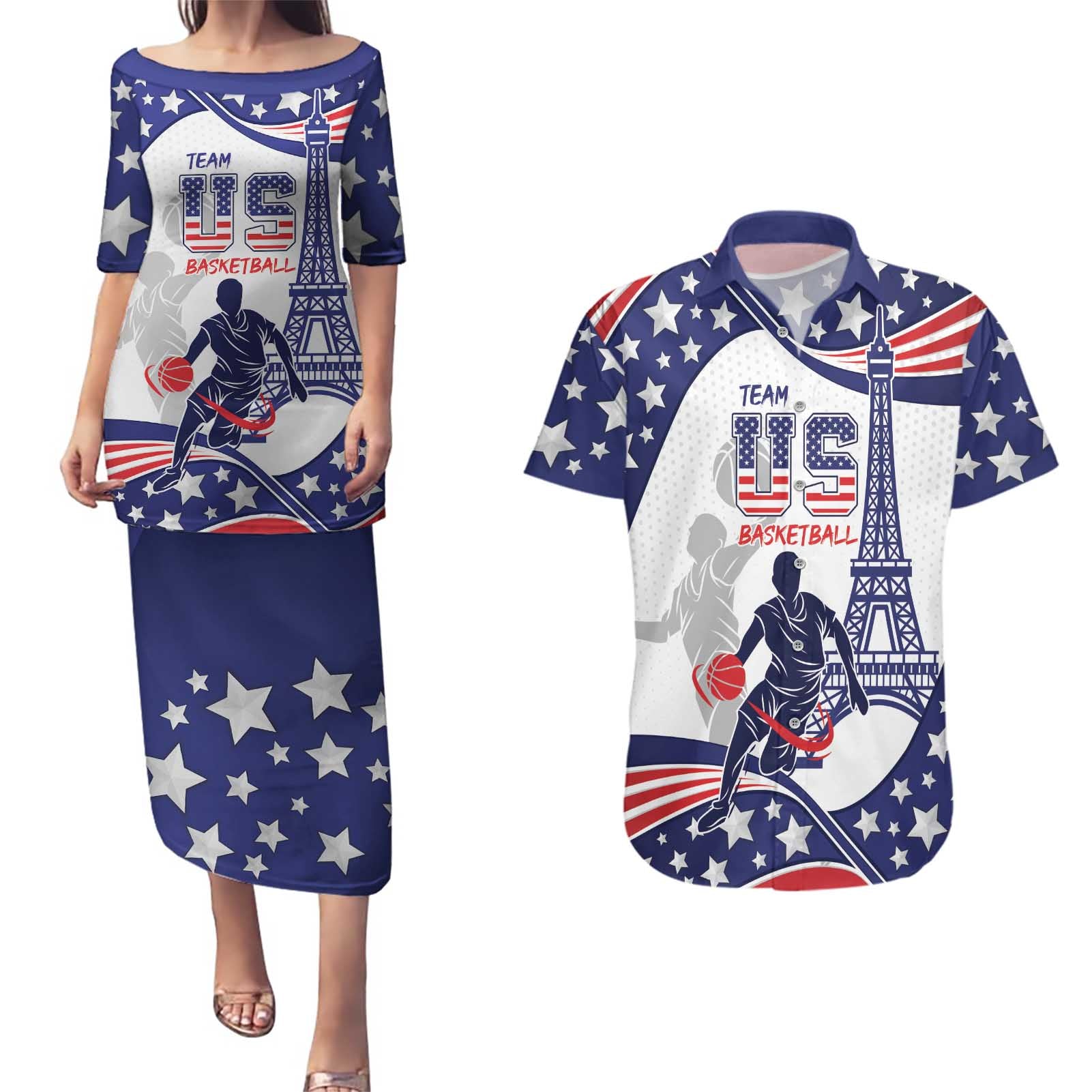 Personalized USA Basketball Couples Matching Puletasi and Hawaiian Shirt One For All Summer Sport LT9 - Wonder Print Shop