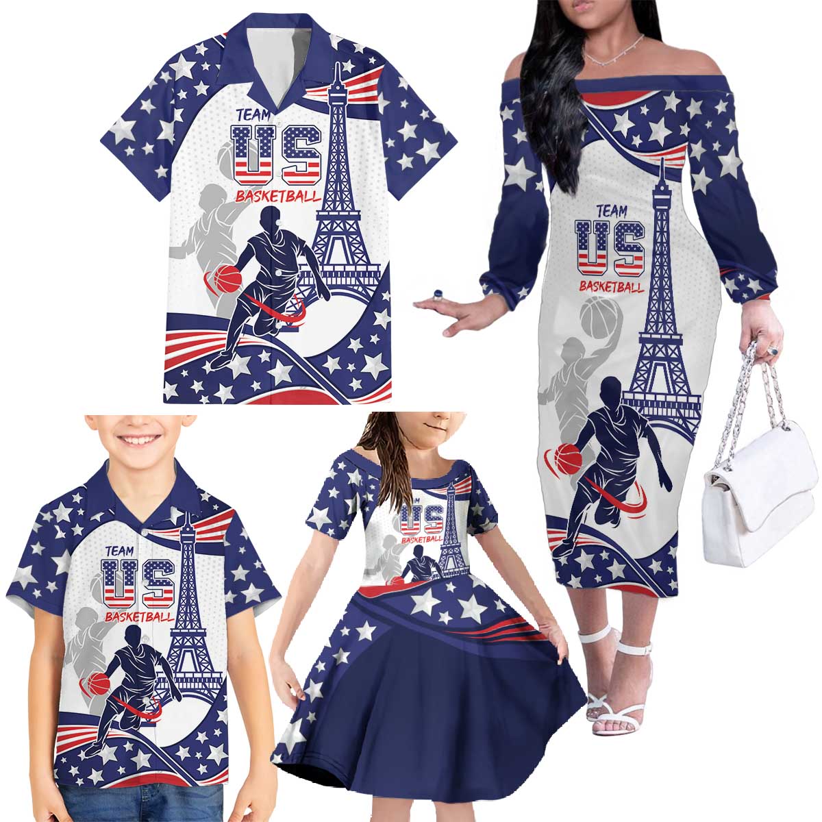 Personalized USA Basketball Family Matching Off The Shoulder Long Sleeve Dress and Hawaiian Shirt One For All Summer Sport - Wonder Print Shop
