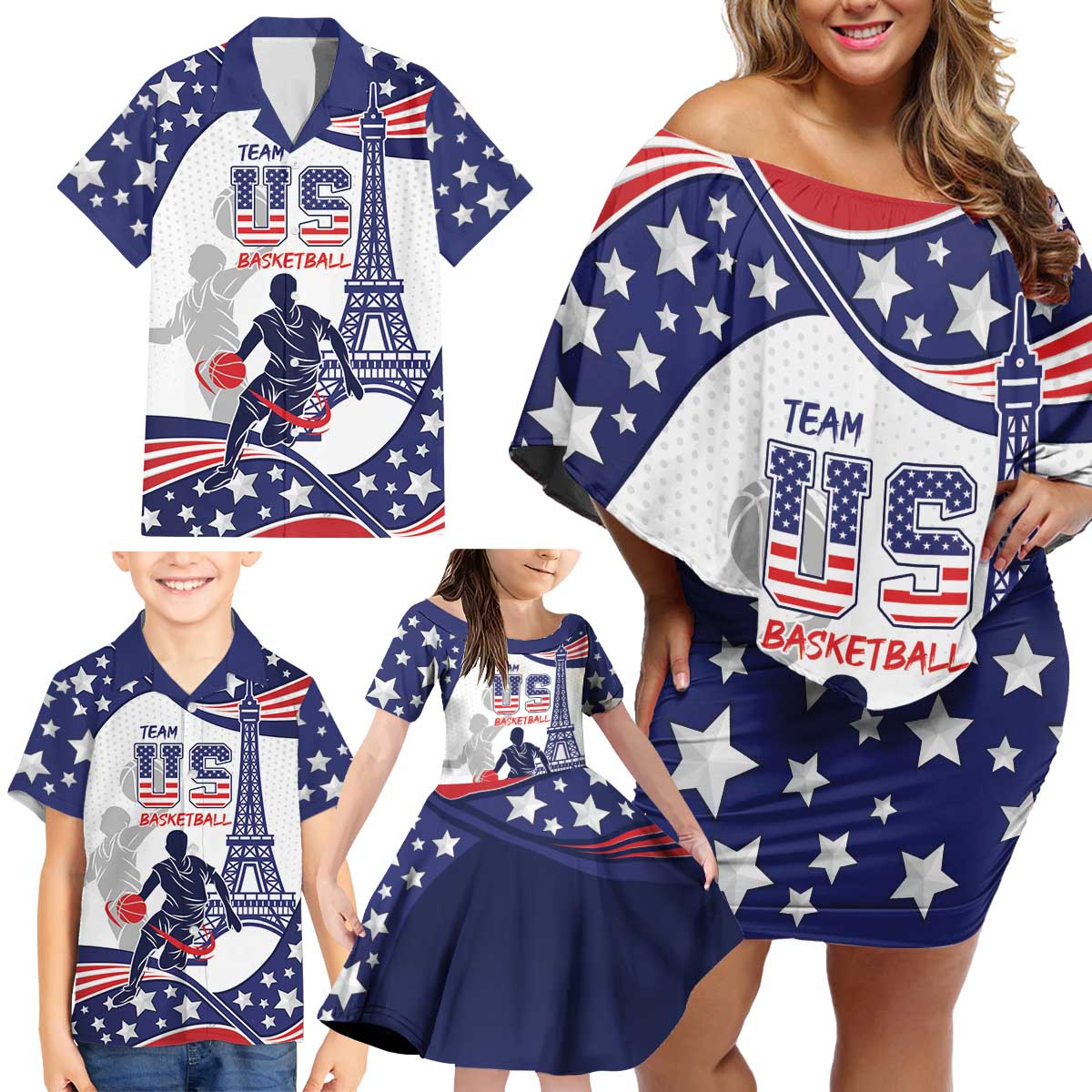 Personalized USA Basketball Family Matching Off Shoulder Short Dress and Hawaiian Shirt One For All Summer Sport LT9 - Wonder Print Shop