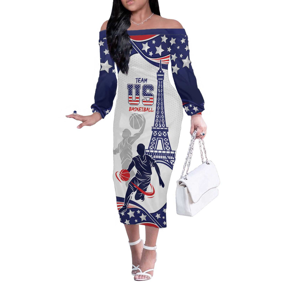 Personalized USA Basketball Off The Shoulder Long Sleeve Dress One For All Summer Sport - Wonder Print Shop