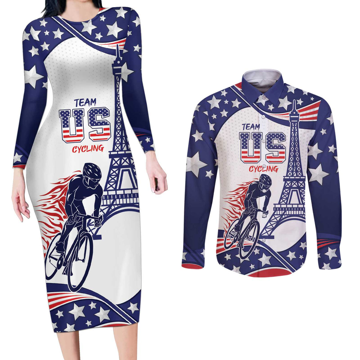 Personalized USA Cycling Couples Matching Long Sleeve Bodycon Dress and Long Sleeve Button Shirt One For All Summer Sport LT9 - Wonder Print Shop