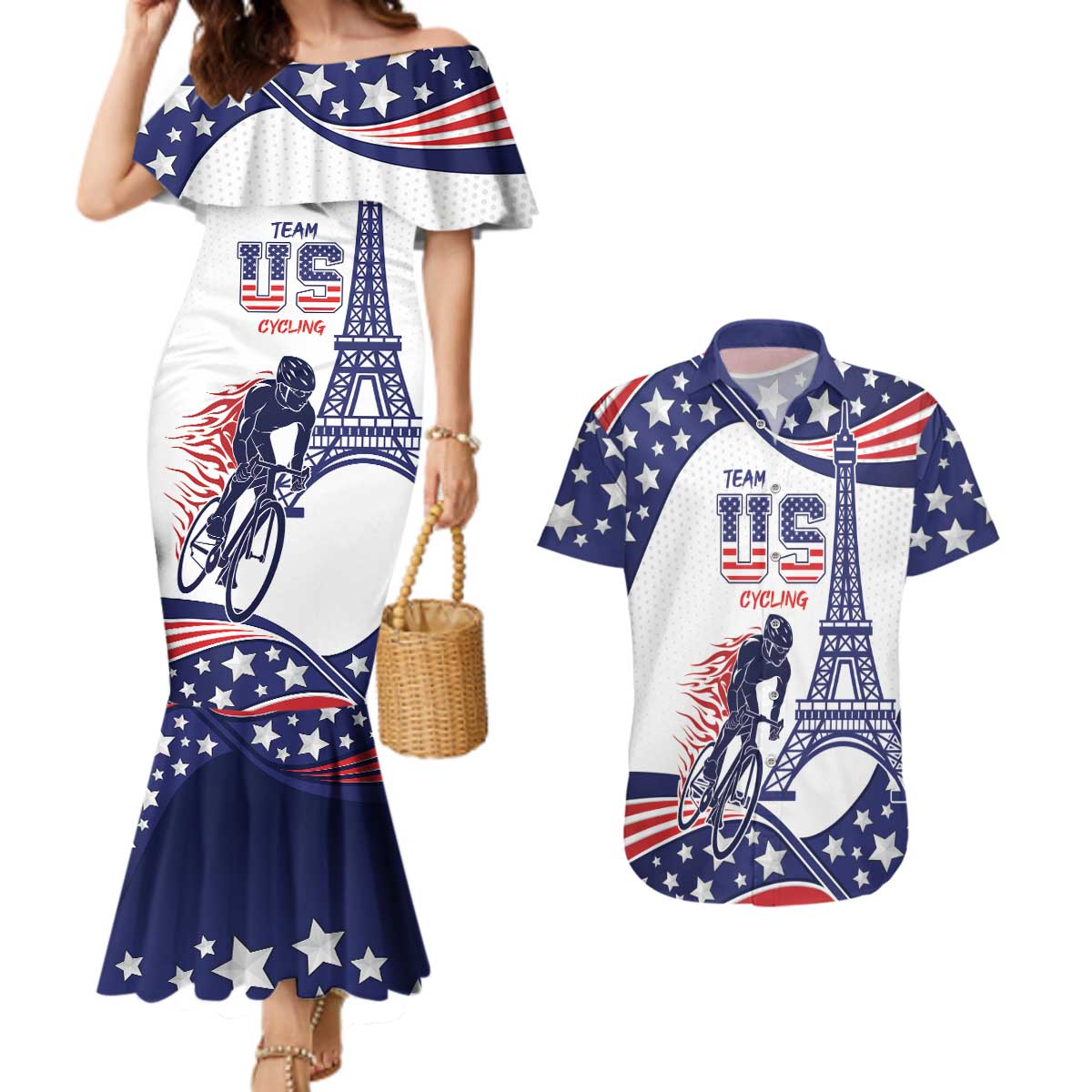 Personalized USA Cycling Couples Matching Mermaid Dress and Hawaiian Shirt One For All Summer Sport LT9 - Wonder Print Shop