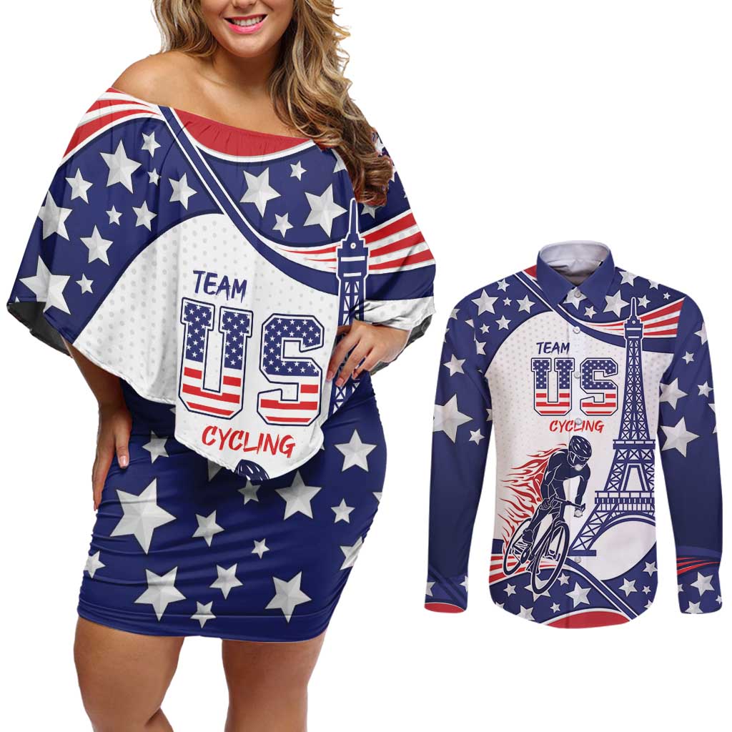 Personalized USA Cycling Couples Matching Off Shoulder Short Dress and Long Sleeve Button Shirt One For All Summer Sport LT9 - Wonder Print Shop