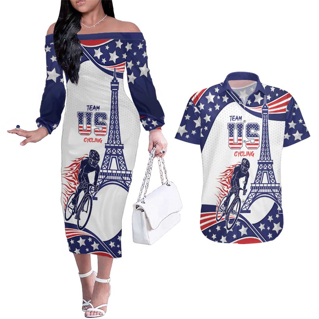 Personalized USA Cycling Couples Matching Off The Shoulder Long Sleeve Dress and Hawaiian Shirt One For All Summer Sport LT9 - Wonder Print Shop