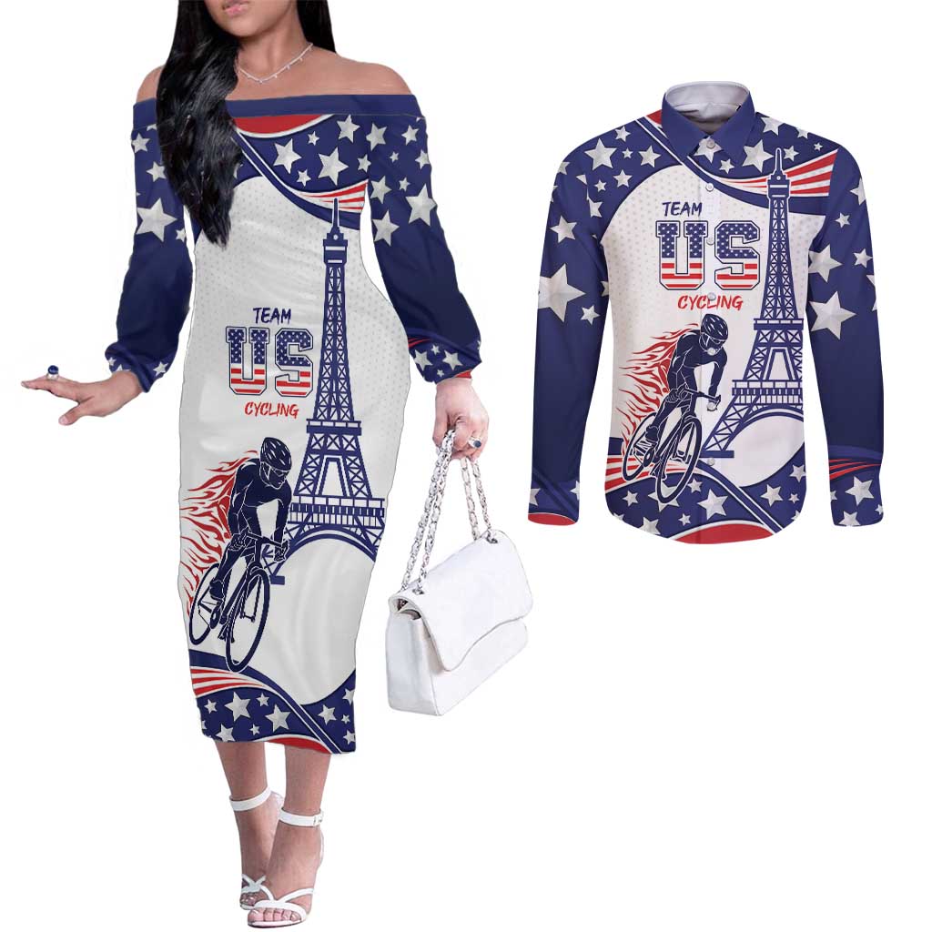 Personalized USA Cycling Couples Matching Off The Shoulder Long Sleeve Dress and Long Sleeve Button Shirt One For All Summer Sport