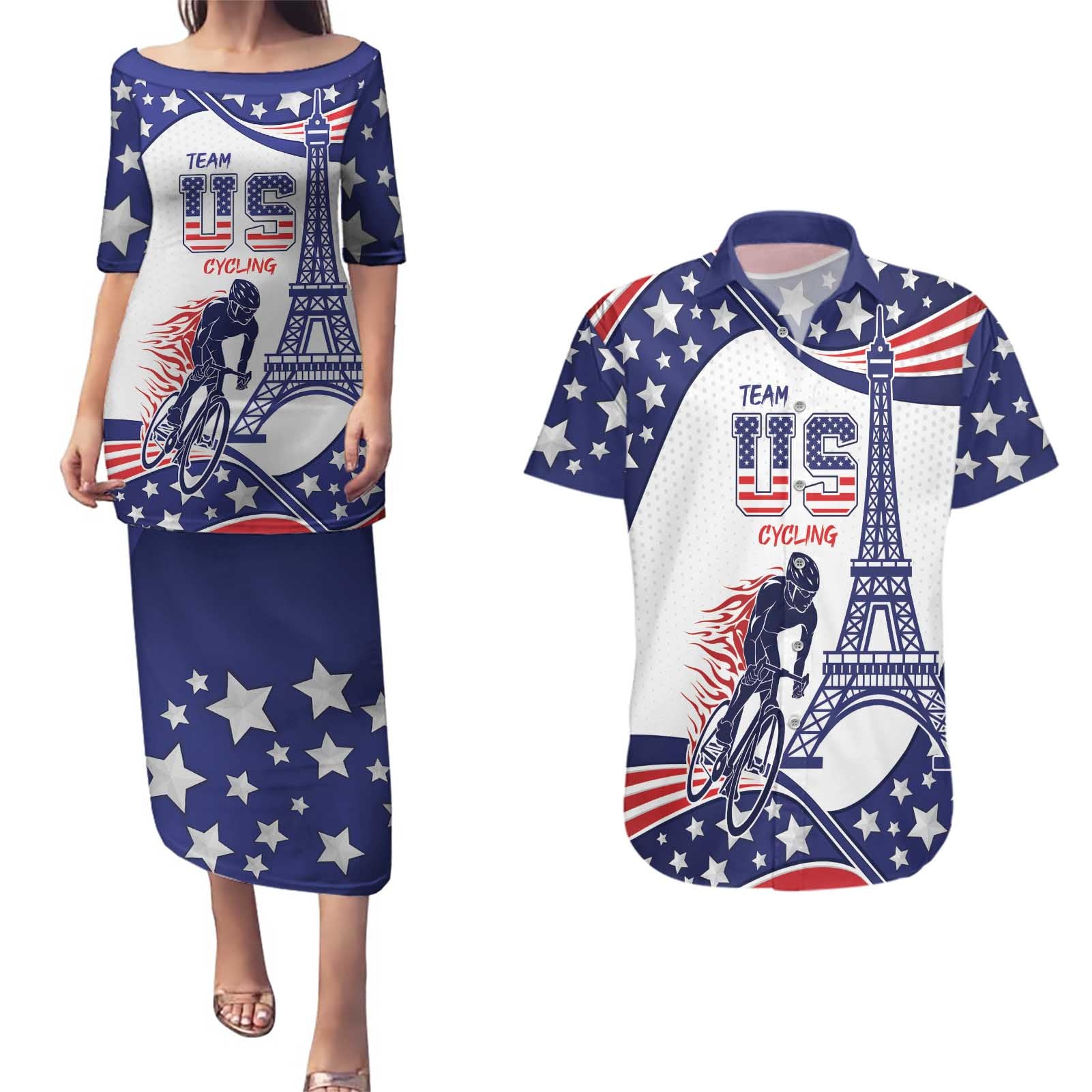 Personalized USA Cycling Couples Matching Puletasi and Hawaiian Shirt One For All Summer Sport LT9 - Wonder Print Shop