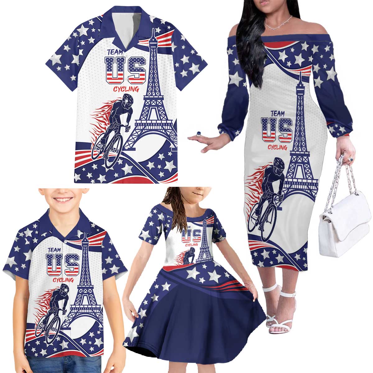 Personalized USA Cycling Family Matching Off The Shoulder Long Sleeve Dress and Hawaiian Shirt One For All Summer Sport - Wonder Print Shop