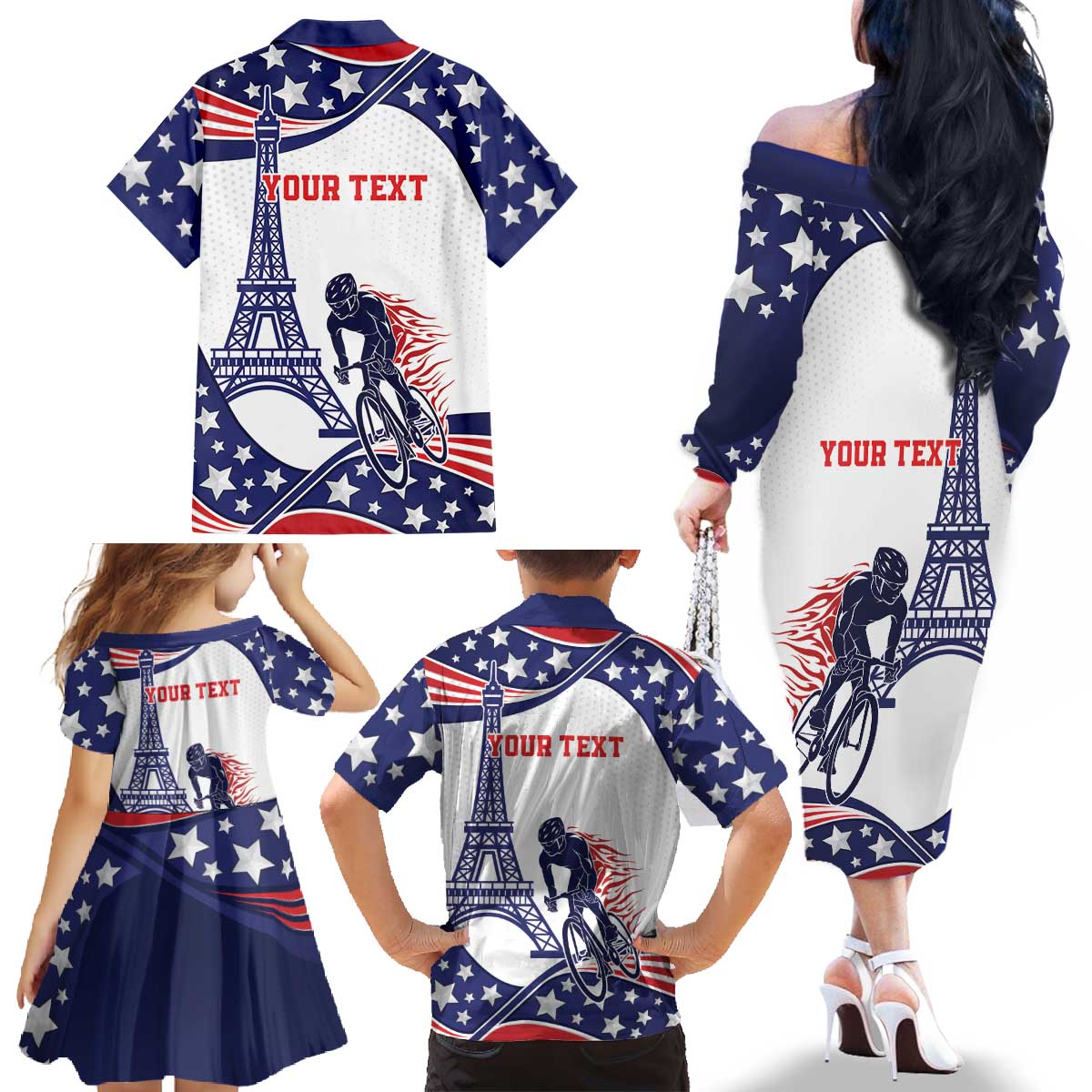 Personalized USA Cycling Family Matching Off The Shoulder Long Sleeve Dress and Hawaiian Shirt One For All Summer Sport - Wonder Print Shop