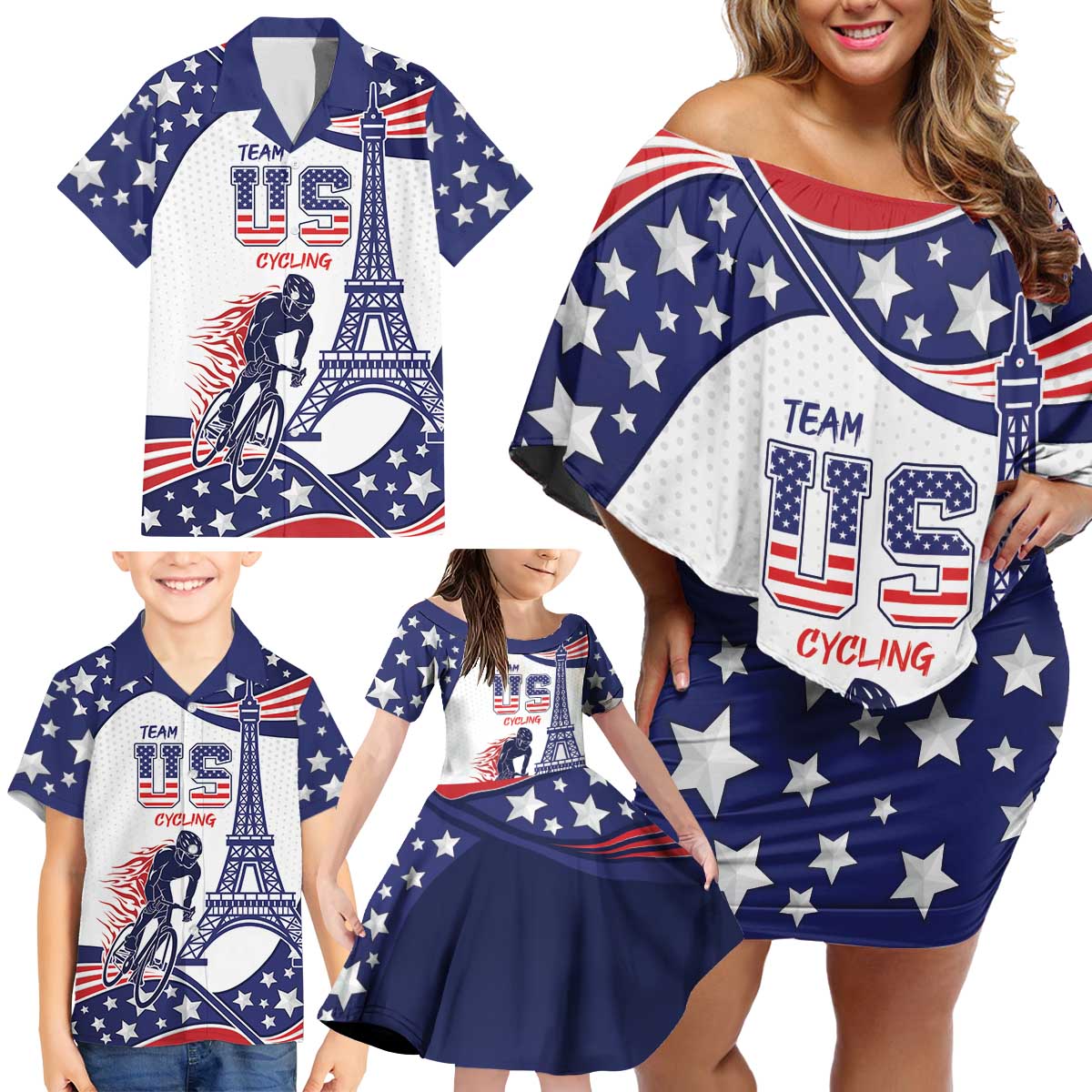 Personalized USA Cycling Family Matching Off Shoulder Short Dress and Hawaiian Shirt One For All Summer Sport LT9 - Wonder Print Shop