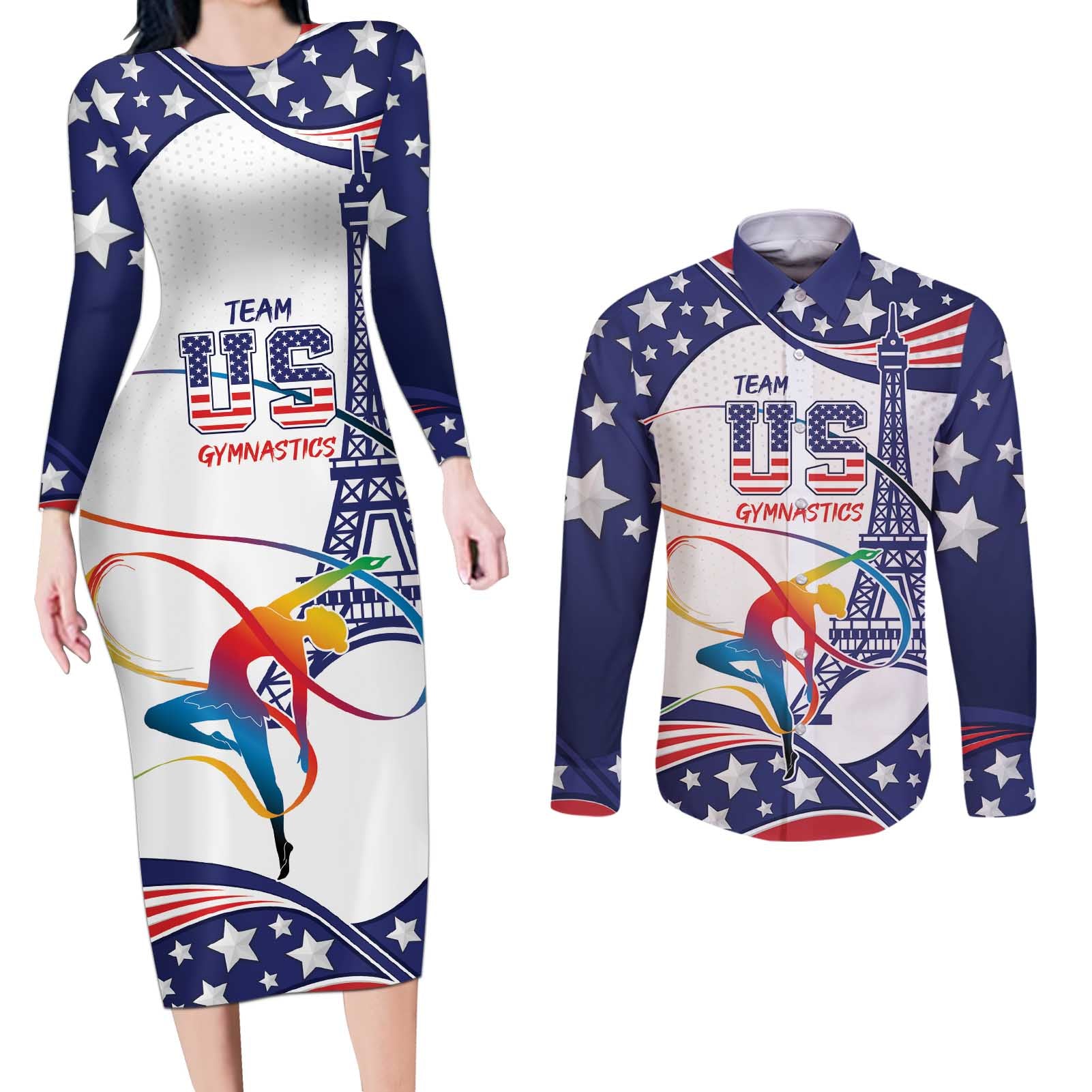 Personalized USA Gymnastics Couples Matching Long Sleeve Bodycon Dress and Long Sleeve Button Shirt One For All Summer Sport LT9 - Wonder Print Shop