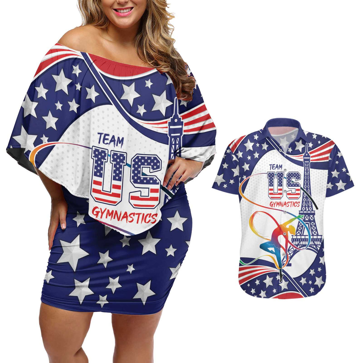 Personalized USA Gymnastics Couples Matching Off Shoulder Short Dress and Hawaiian Shirt One For All Summer Sport LT9 - Wonder Print Shop