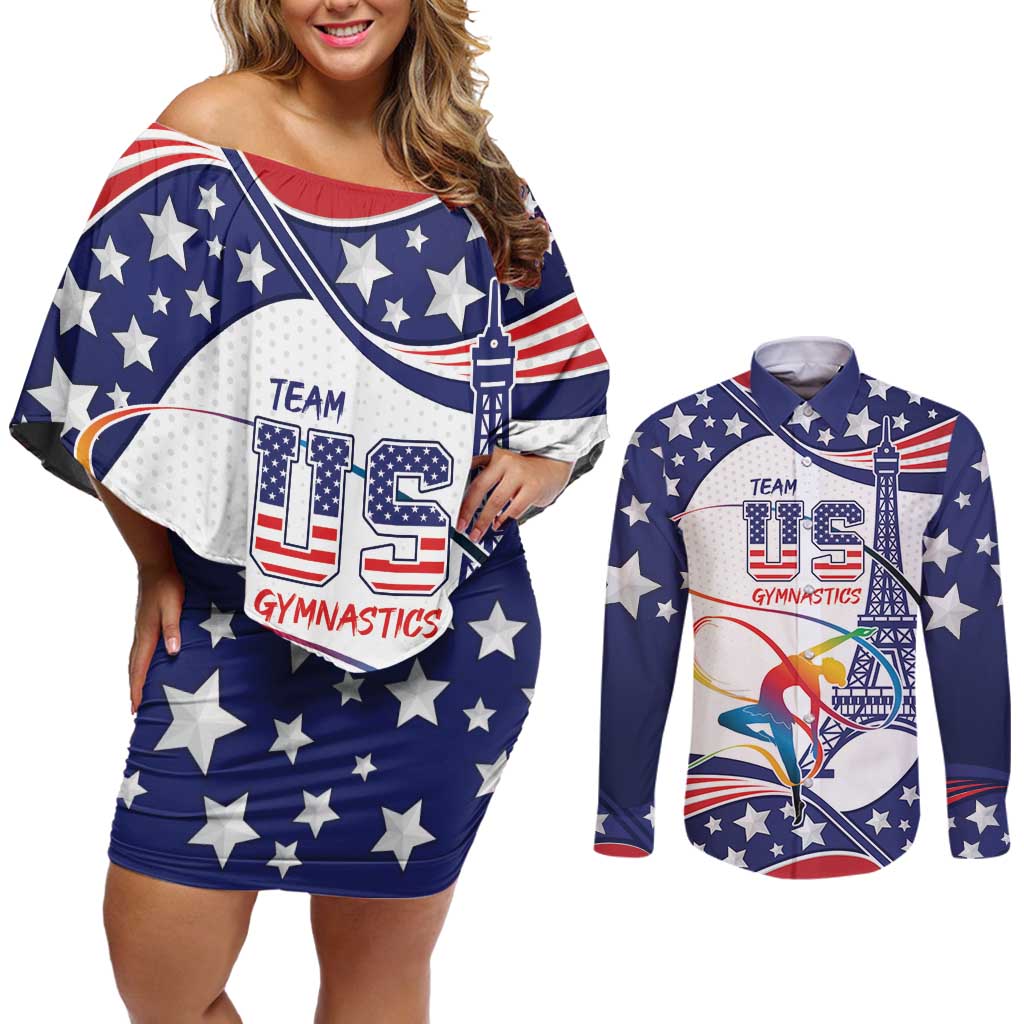 Personalized USA Gymnastics Couples Matching Off Shoulder Short Dress and Long Sleeve Button Shirt One For All Summer Sport LT9 - Wonder Print Shop