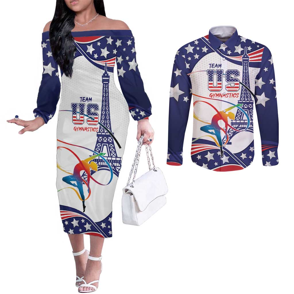 Personalized USA Gymnastics Couples Matching Off The Shoulder Long Sleeve Dress and Long Sleeve Button Shirt One For All Summer Sport